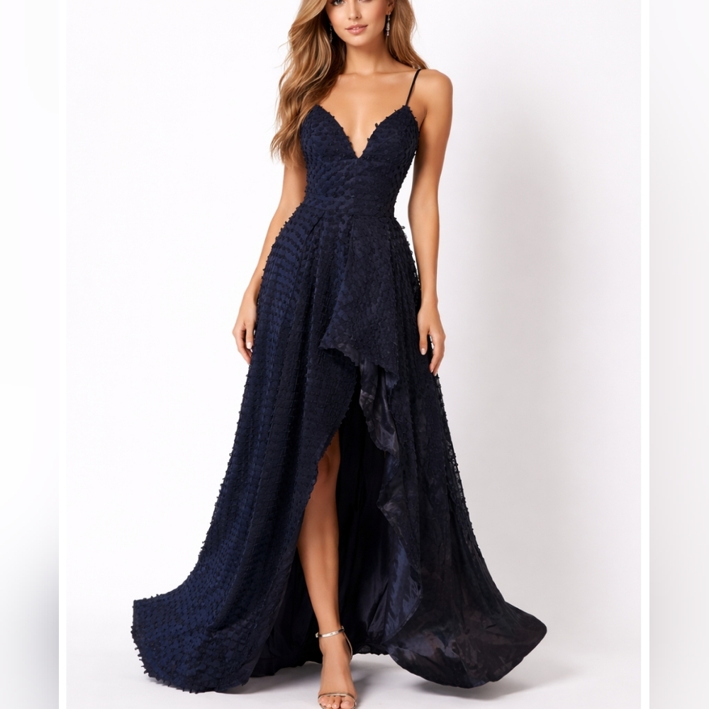 Maniju NWT Elegant Black Full Length Evening Dress Sexy Front Slit Textured